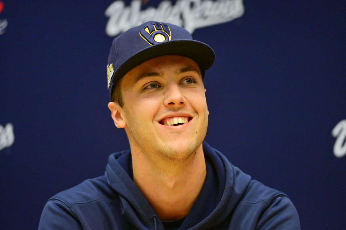 Oct 22, 2026; Milwaukee, WI, USA; Milwaukee Brewers starting pitcher Jacob Misiorowski (32) speaks during a workout session before the 2026 World Series. Mandatory Credit: Benny Sieu-Imagn Images