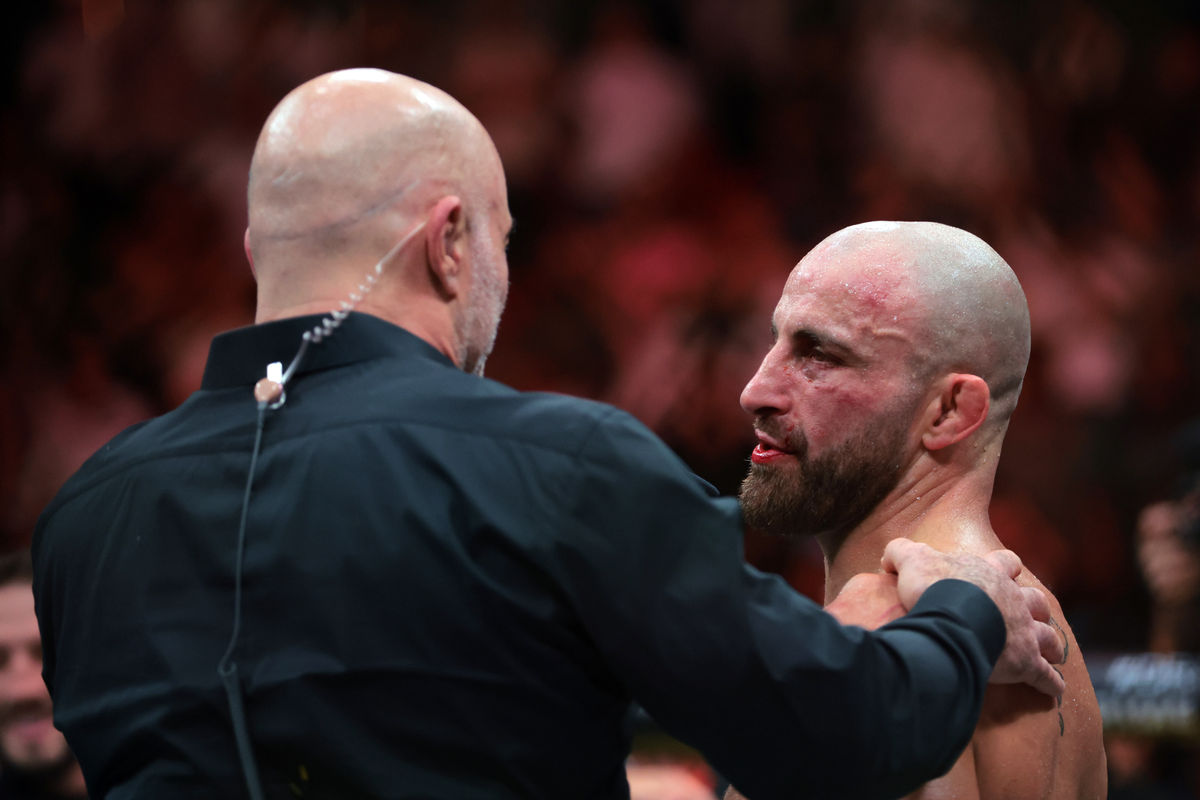 Apr 12, 2025; Miami, Florida, UNITED STATES; Alexander Volkanovski (red gloves) reacts after defeating Diego Lopes (not pictured) during UFC 314 at Kaseya Center. Mandatory Credit: Sam Navarro-Imagn Images