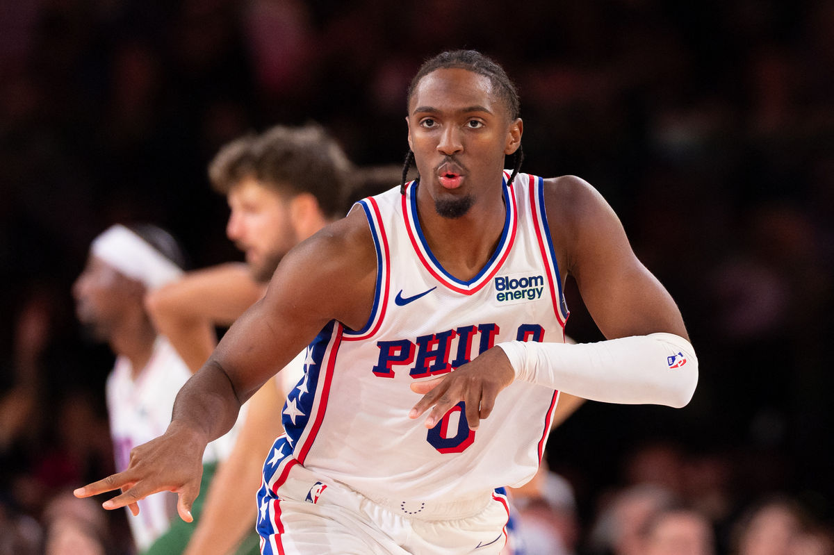 Oct 24, 2026; Philadelphia, Pennsylvania, USA; Philadelphia 76ers guard Tyrese Maxey (0) reacts after his three pointer against the Milwaukee Bucks during the third quarter at Xfinity Mobile Arena. Mandatory Credit: Bill Streicher-Imagn Images