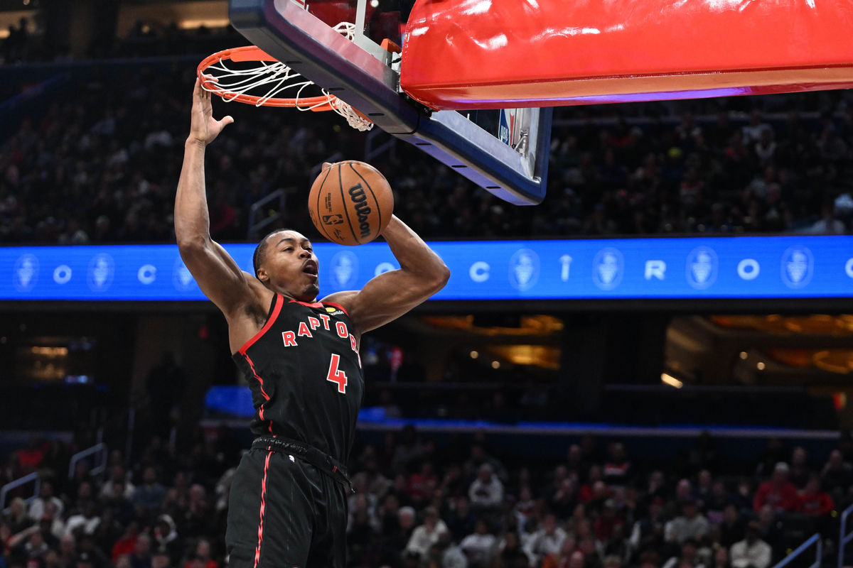 Oct 23, 2026; Washington, District of Columbia, USA; Toronto Raptors forward/guard Scottie Barnes (4) dunks the ball against the Washington Wizards during the second half at Capital One Arena. Mandatory Credit: Brad Mills-Imagn Images