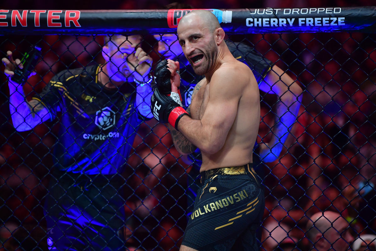 Feb 17, 2024; Anaheim, California, USA; Alexander Volkanovski reacts before fighting against Ilia Topuria during UFC 298 at Honda Center. Mandatory Credit: Gary A. Vasquez-USA TODAY Sports