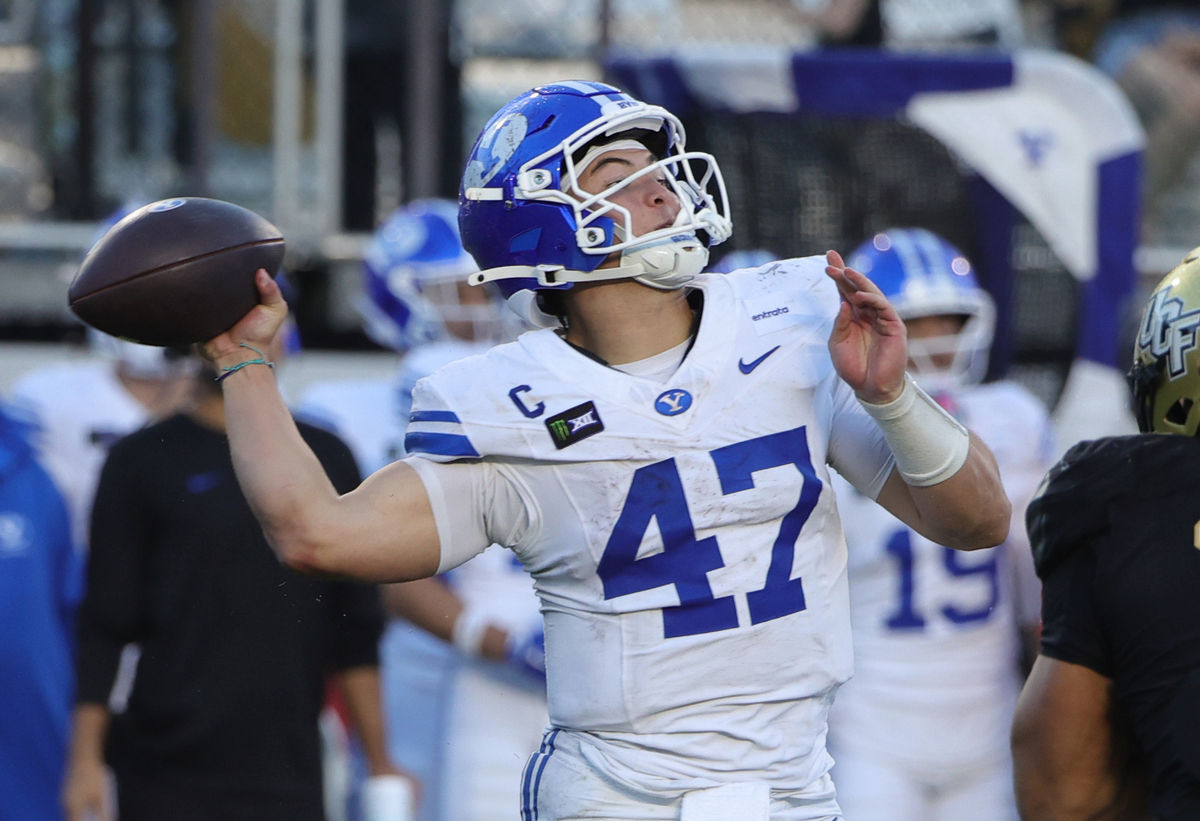 Oct 24, 2026; Orlando, Florida, USA; Brigham Young Cougars quarterback Bear Bachmeier (47) makes a throw during the fourth quarteragainst the Central Florida Knights at Acrisure Bounce House. Mandatory Credit: Mike Watters-Imagn Images