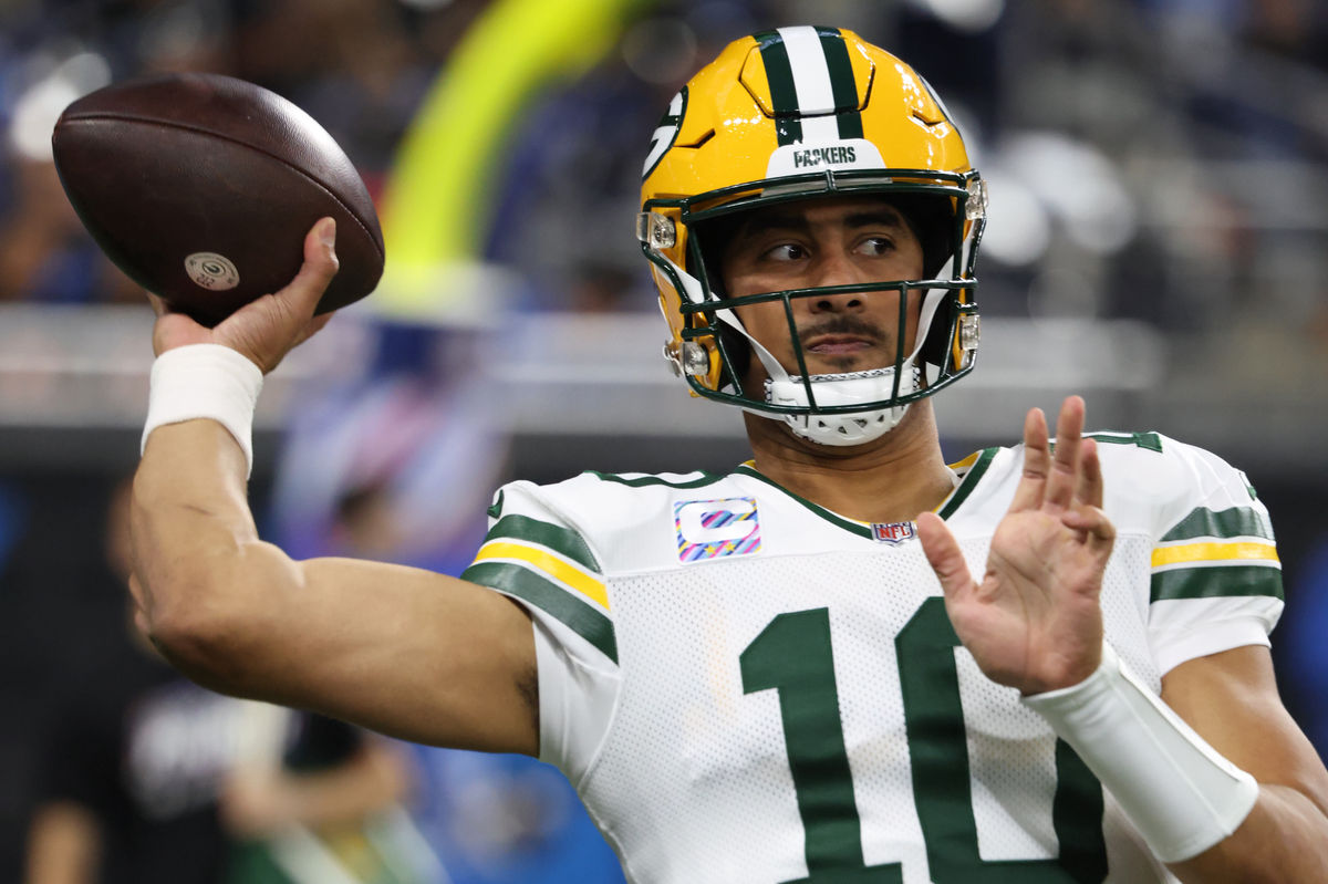 Oct 25, 2026; Detroit, Michigan, USA; Green Bay Packers quarterback Jordan Love (10) warms up against the Detroit Lions at Ford Field. Mandatory Credit: David Reginek-Imagn Images