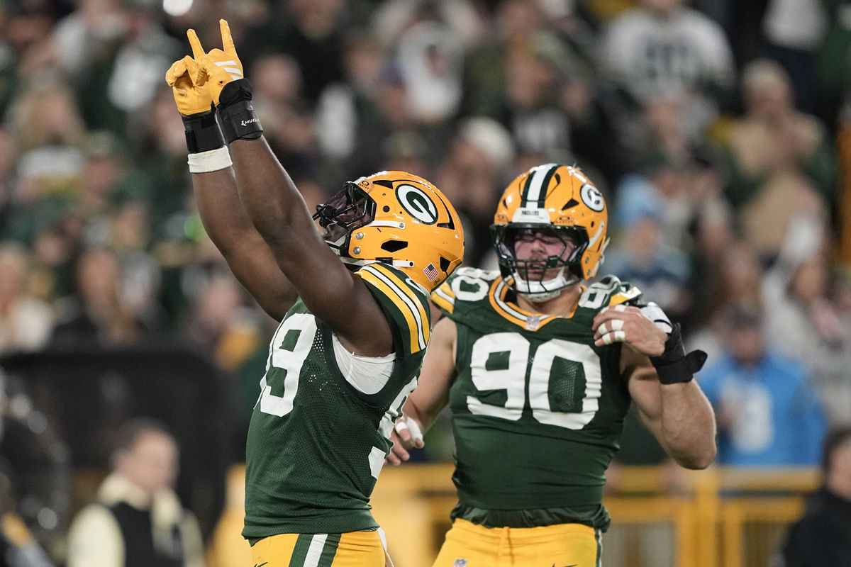 Oct 29, 2026; Green Bay, Wisconsin, USA; Green Bay Packers defensive end Barryn Sorrell (99) reacts against the Carolina Panthers in the second half at Lambeau Field. Mandatory Credit: Jeff Hanisch-Imagn Images