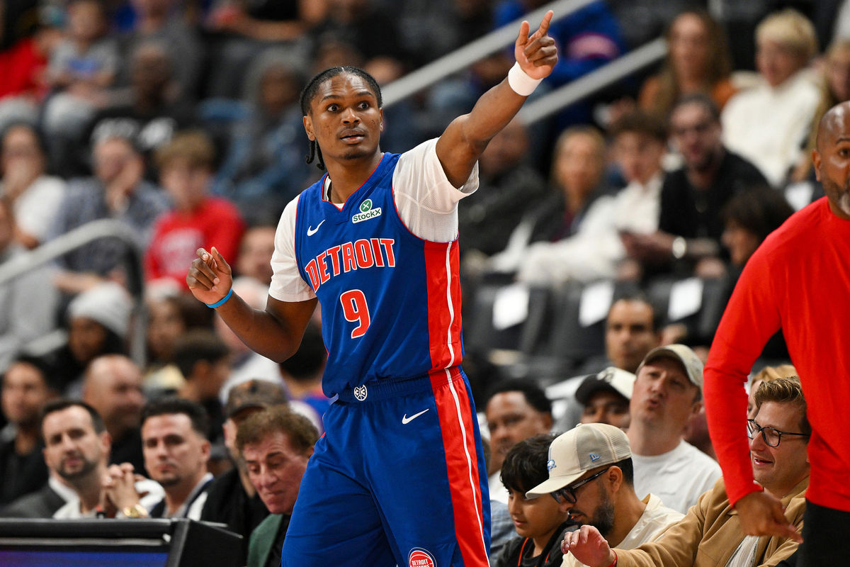 Oct 28, 2026; Detroit, Michigan, USA; Detroit Pistons guard Ausar Thompson (9) points up the floor after the Charlotte Hornets turned the ball over to the Pistons in the second half at Little Caesars Arena. Mandatory Credit: Lon Horwedel-Imagn Images