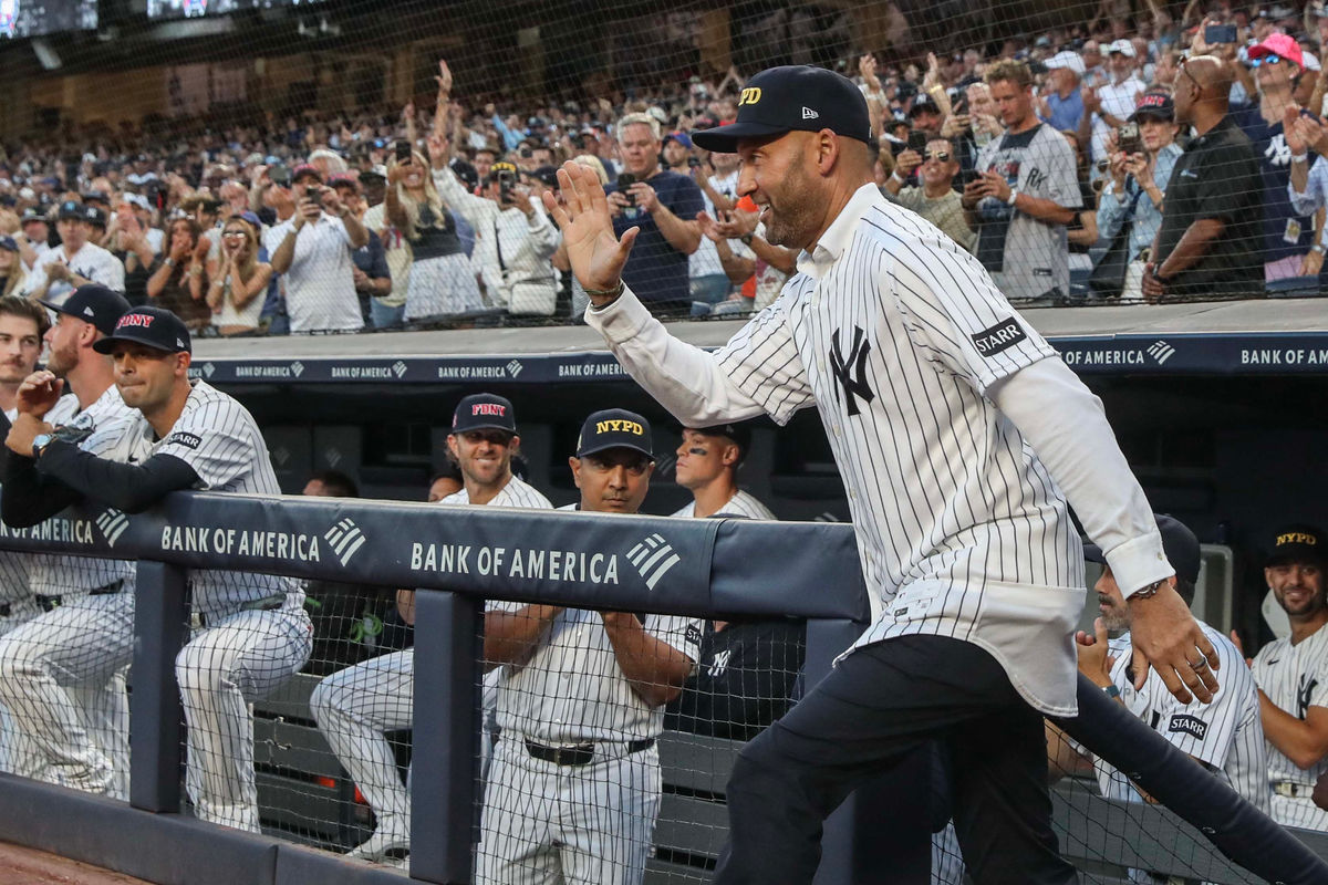 Sep 11, 2026; Bronx, New York, USA; Former New York Yankees shortstop Derek Jeter takes the field for the pregame cermonies for the 25th anniversary for September 11th prior to the game between the New York Mets and New York Yankees at Yankee Stadium. Mandatory Credit: Wendell Cruz-Imagn Images