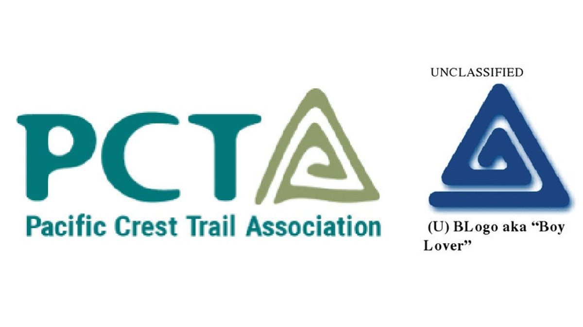 At left, the new logo for the Pacific Crest Trail Association, which has already been canceled. At right, an image from a purported 2007 FBI document.