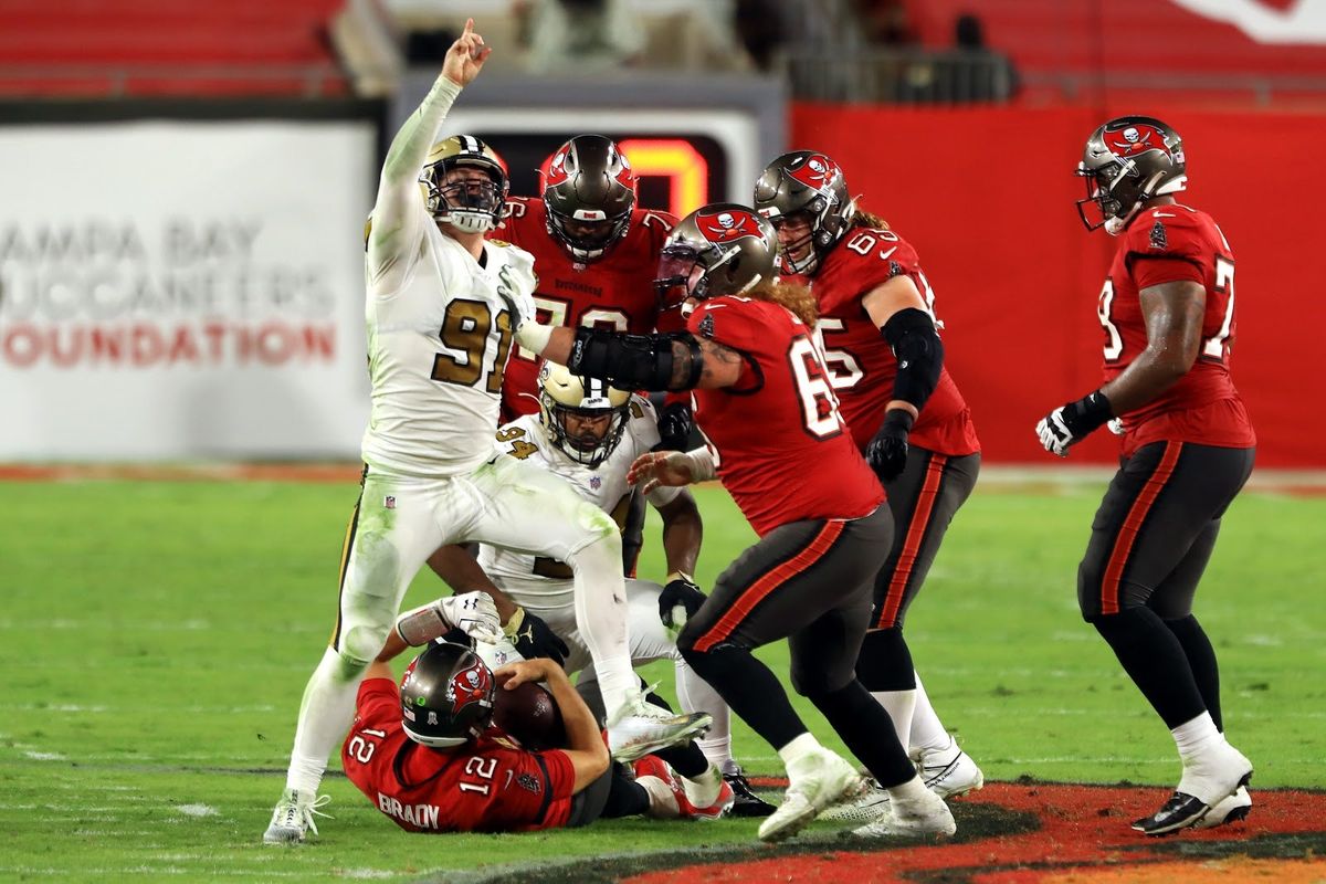 Trey Hendrickson celebrates a sack as the Saints rout Tom Brady and the Bucs.
