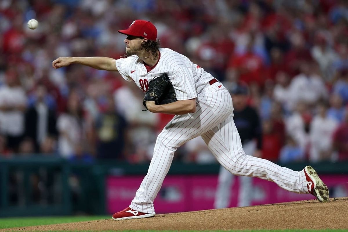 Oct 4, 2023; Philadelphia, Pennsylvania, USA; Philadelphia Phillies starting pitcher Aaron Nola (27) throws a pitch against the Miami Marlins during the first inning for game two of the Wildcard series for the 2023 MLB playoffs at Citizens Bank Park.