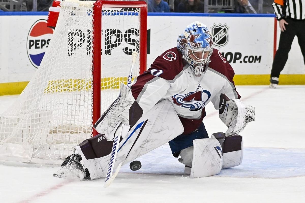 Mar 19, 2024; St. Louis, Missouri, USA;  Colorado Avalanche goaltender Justus Annunen (60) defends the n the against the St. Louis Blues during the second period at Enterprise Center.