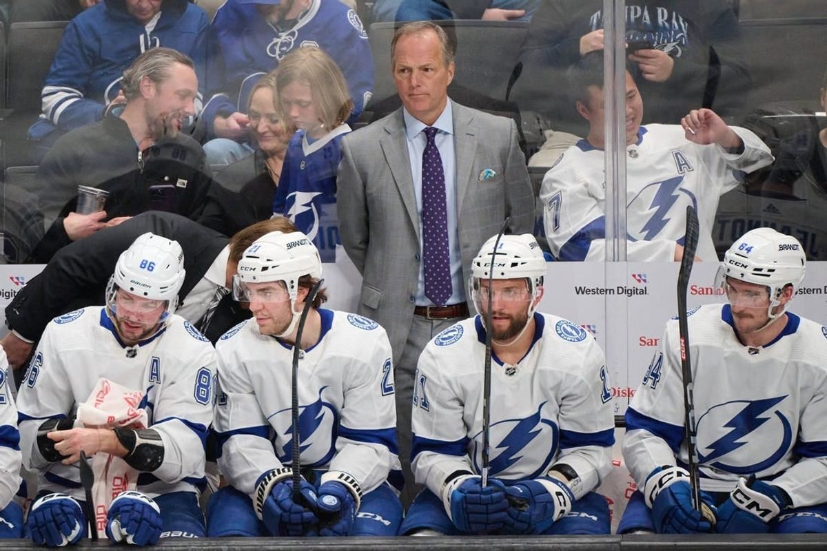 Mar 21, 2024; San Jose, California, USA; Tampa Bay Lightning head coach Jon Cooper watches game play against the San Jose Sharks during the third period at SAP Center at San Jose.