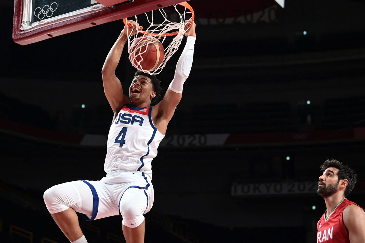 Keldon Johnson of Team USA gets some air time against Iran.