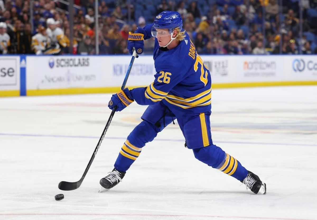 Oct 6, 2023; Buffalo, New York, USA;  Buffalo Sabres defenseman Rasmus Dahlin (26) takes a shot on goal during the second period against the Pittsburgh Penguins at KeyBank Center.
