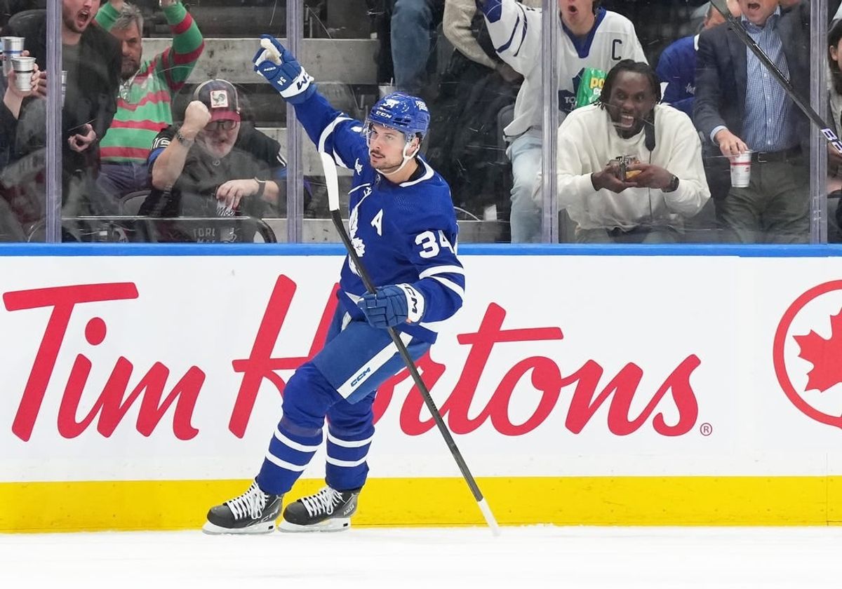 Mar 26, 2024; Toronto, Ontario, CAN; Toronto Maple Leafs center Auston Matthews (34) celebrates scoring a goal against the New Jersey Devils during the second period at Scotiabank Arena.