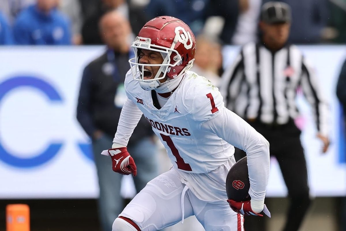Nov 18, 2023; Provo, Utah, USA; Oklahoma Sooners wide receiver Jayden Gibson (1) reacts to a play against the Brigham Young Cougars in the first quarter at LaVell Edwards Stadium.