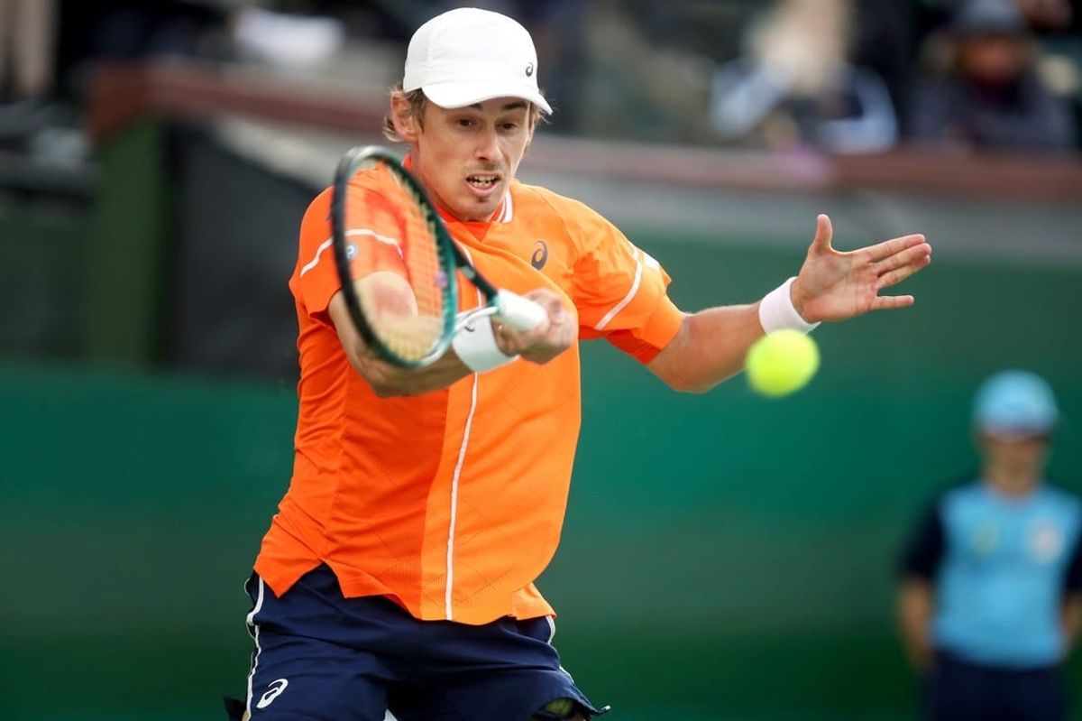 Alex de Minaur returns to Alexander Zverev during their fourth-round match at the BNP Paribas Open in Indian Wells, Calif., on Tues., March 12, 2024. Zverev won.