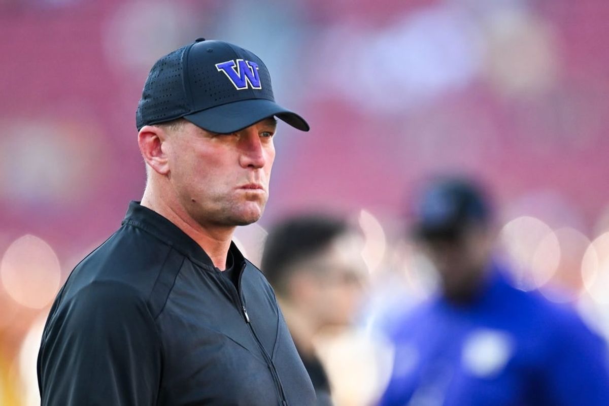 Nov 4, 2023; Los Angeles, California, USA; Washington Huskies head coach Kalen DeBoer against the USC Trojans during warmups at United Airlines Field at Los Angeles Memorial Coliseum.