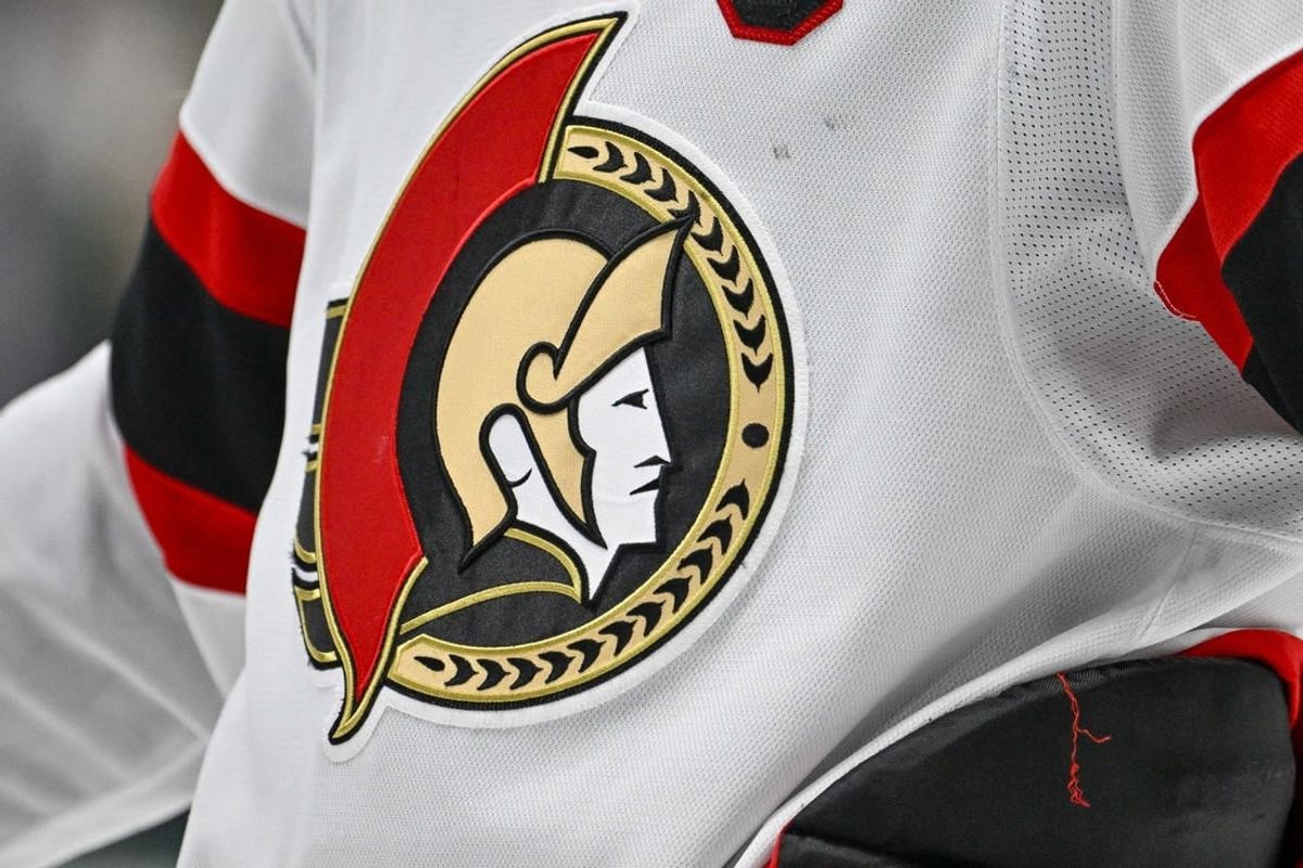 Dec 15, 2023; Dallas, Texas, USA; A view of the Ottawa Senators logo on the jersey of left wing Brady Tkachuk (7) during the game between the Dallas Stars and the Ottawa Senators at the American Airlines Center.