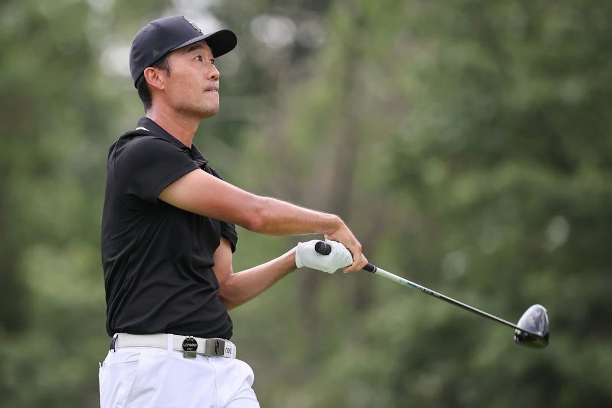 Aug 12, 2023; Bedminster, New Jersey, USA; Kevin Na plays his shot from the third tee during the second round of the LIV Golf Bedminster golf tournament at Trump National Bedminster.
