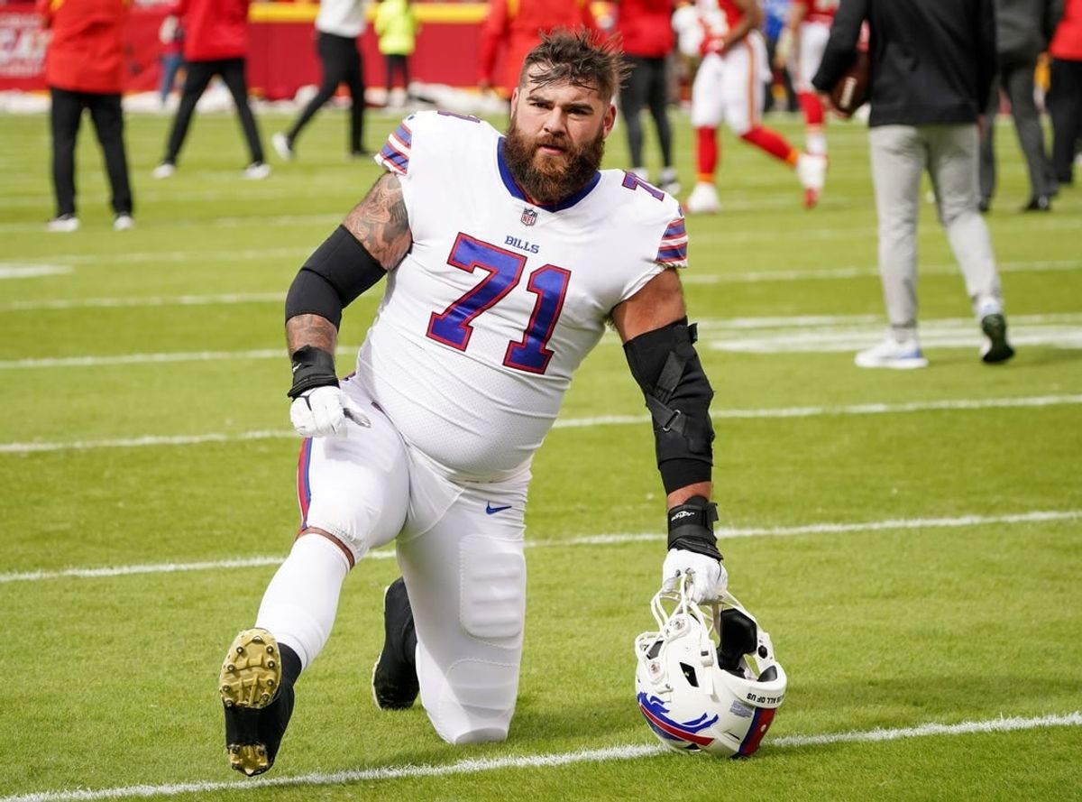 Oct 16, 2022; Kansas City, Missouri, USA; Buffalo Bills offensive tackle Ryan Bates (71) warms up against the Kansas City Chiefs prior to the game at GEHA Field at Arrowhead Stadium.