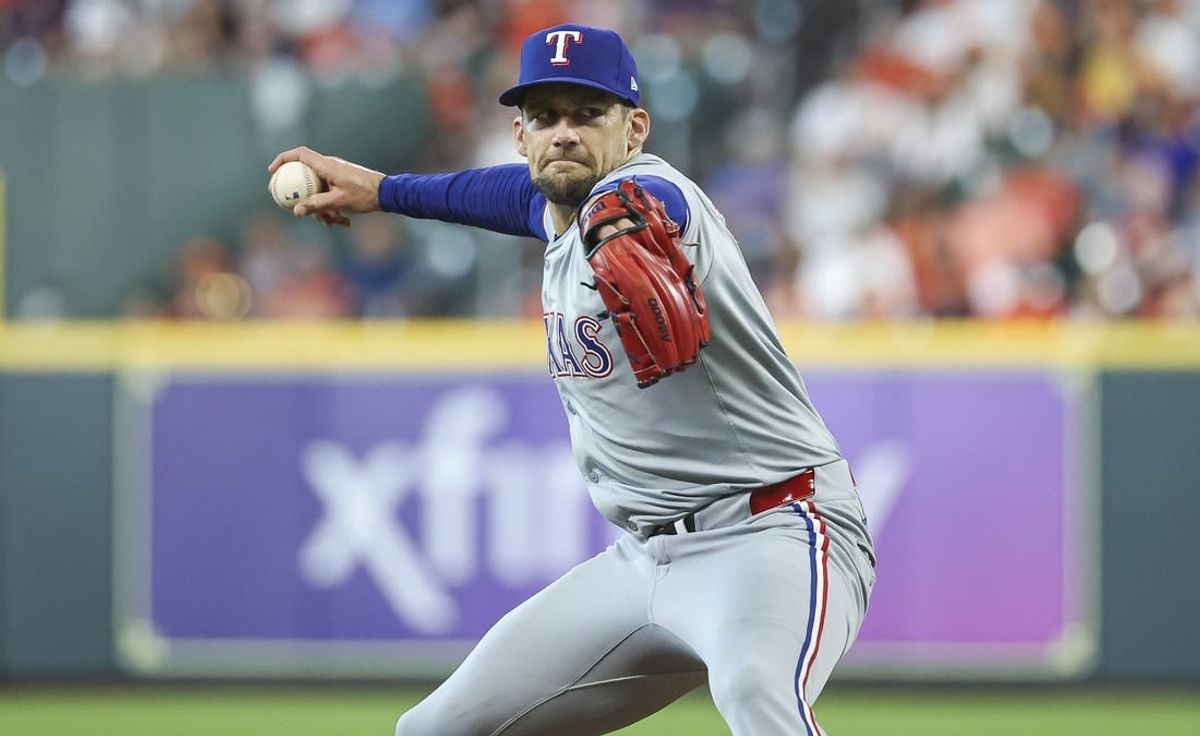 Apr 14, 2024; Houston, Texas, USA; Texas Rangers pitcher Nathan Eovaldi (17) delivers a pitch during the first inning against the Houston Astros at Minute Maid Park.