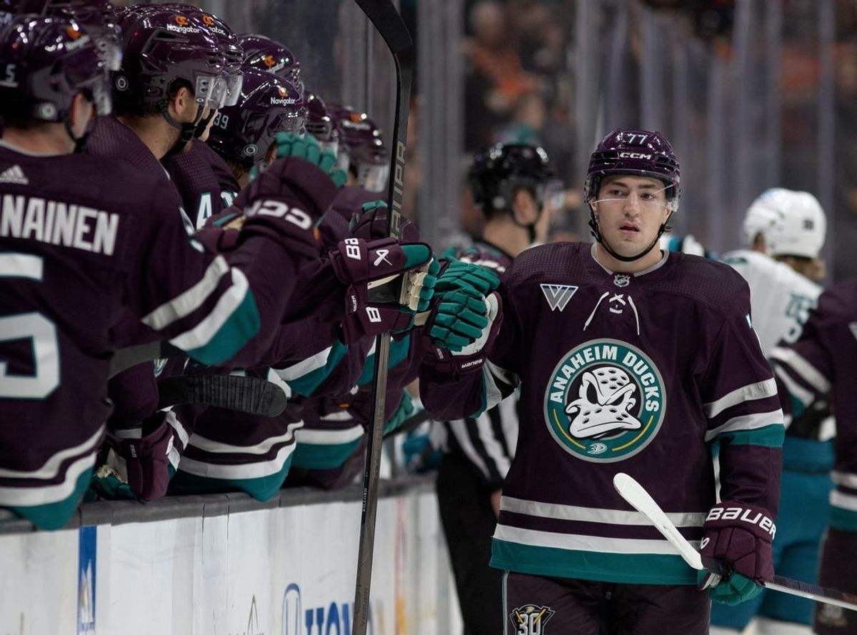 Nov 12, 2023; Anaheim, California, USA; Anaheim Ducks right wing Frank Vatrano (77) celebrates with teammates after scoring during the first period against the San Jose Sharks at Honda Center.