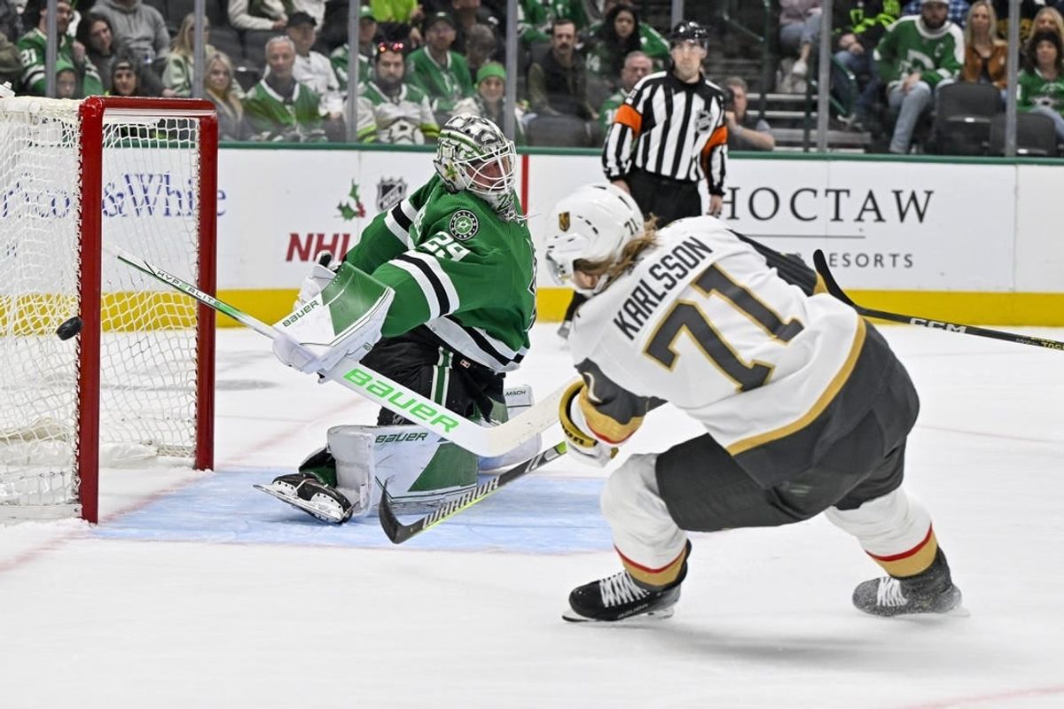 Dec 9, 2023; Dallas, Texas, USA; Dallas Stars goaltender Jake Oettinger (29) stops a breakaway shot by Vegas Golden Knights center William Karlsson (71) during the first period at the American Airlines Center.