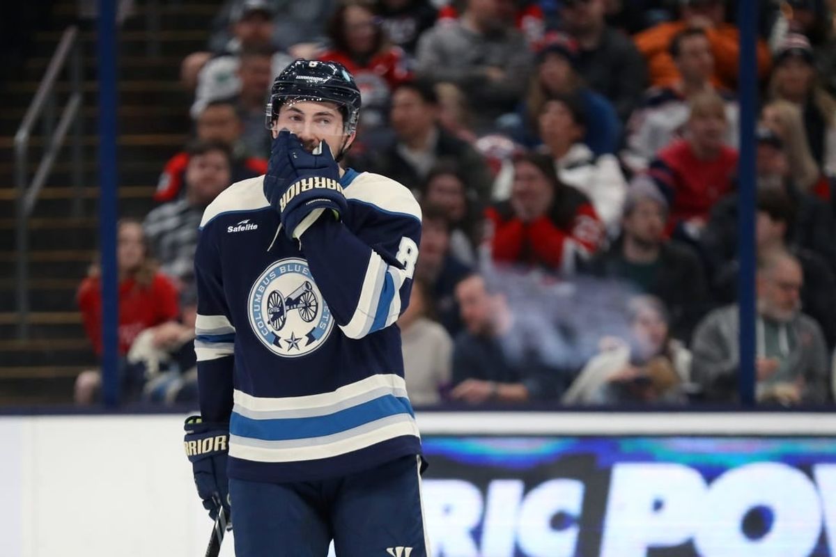 Dec 16, 2023; Columbus, Ohio, USA; Columbus Blue Jackets defenseman Zach Werenski (8) reacts to a missed shot during the first period against the New Jersey Devils at Nationwide Arena.