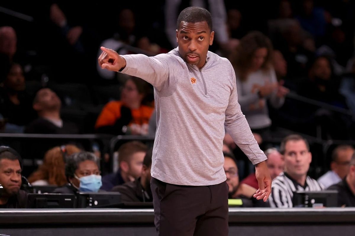 Nov 17, 2023; Brookyln, NY, USA; Oklahoma State Cowboys head coach Mike Boynton coaches against the Notre Dame Fighting Irish during overtime at Barclays Center.