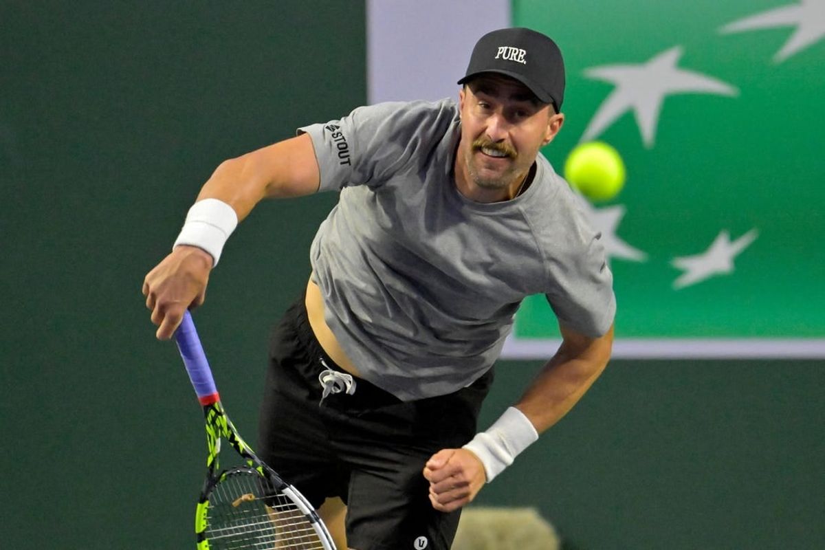 Mar 4, 2024; Indian Wells, CA, USA;  Steve Johnson (USA) hits a shot during his qualifying match against Emilio Nava (USA) in the BNP Paribas Open at the Indian Wells Tennis Garden.