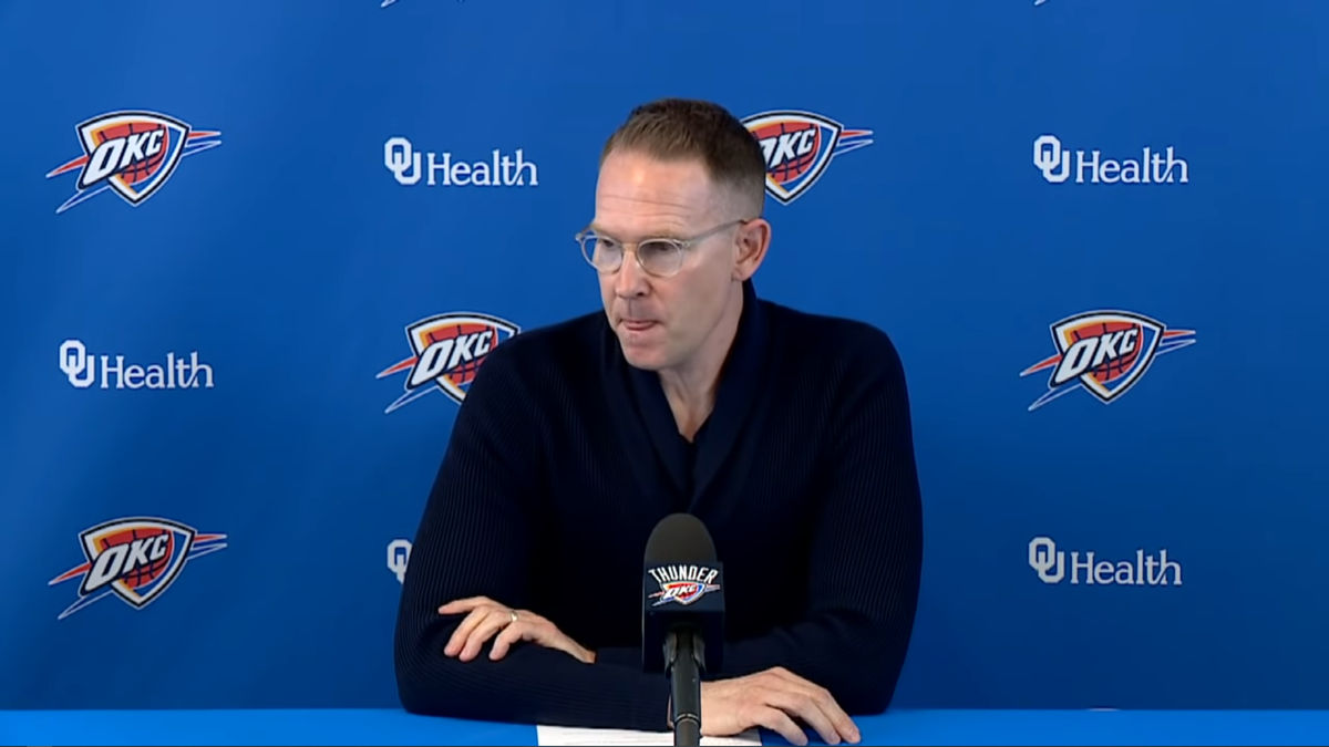 Thunder GM Sam Presti addresses the media at the NBA Draft Lottery.