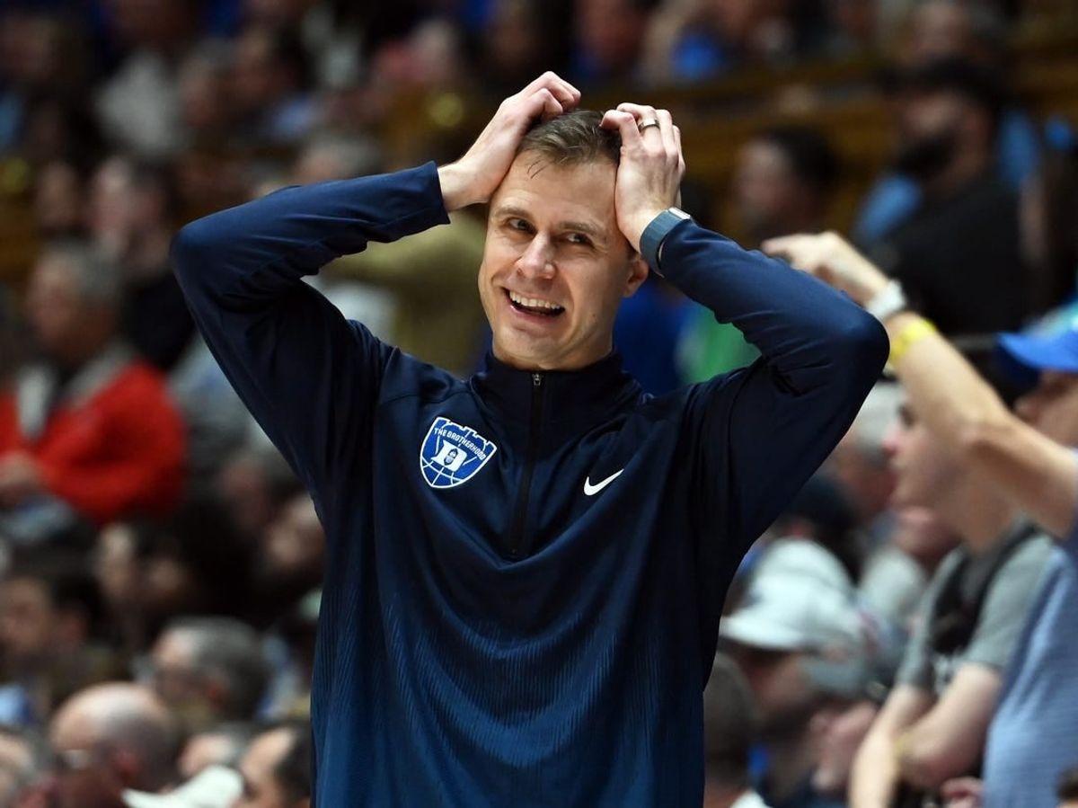 Feb 12, 2024; Durham, North Carolina, USA;  Duke Blue Devils head coach Jon Scheyer reacts during the second half against the Wake Forest Deamon Deacons at Cameron Indoor Stadium. The Blue Devils won 77-69.