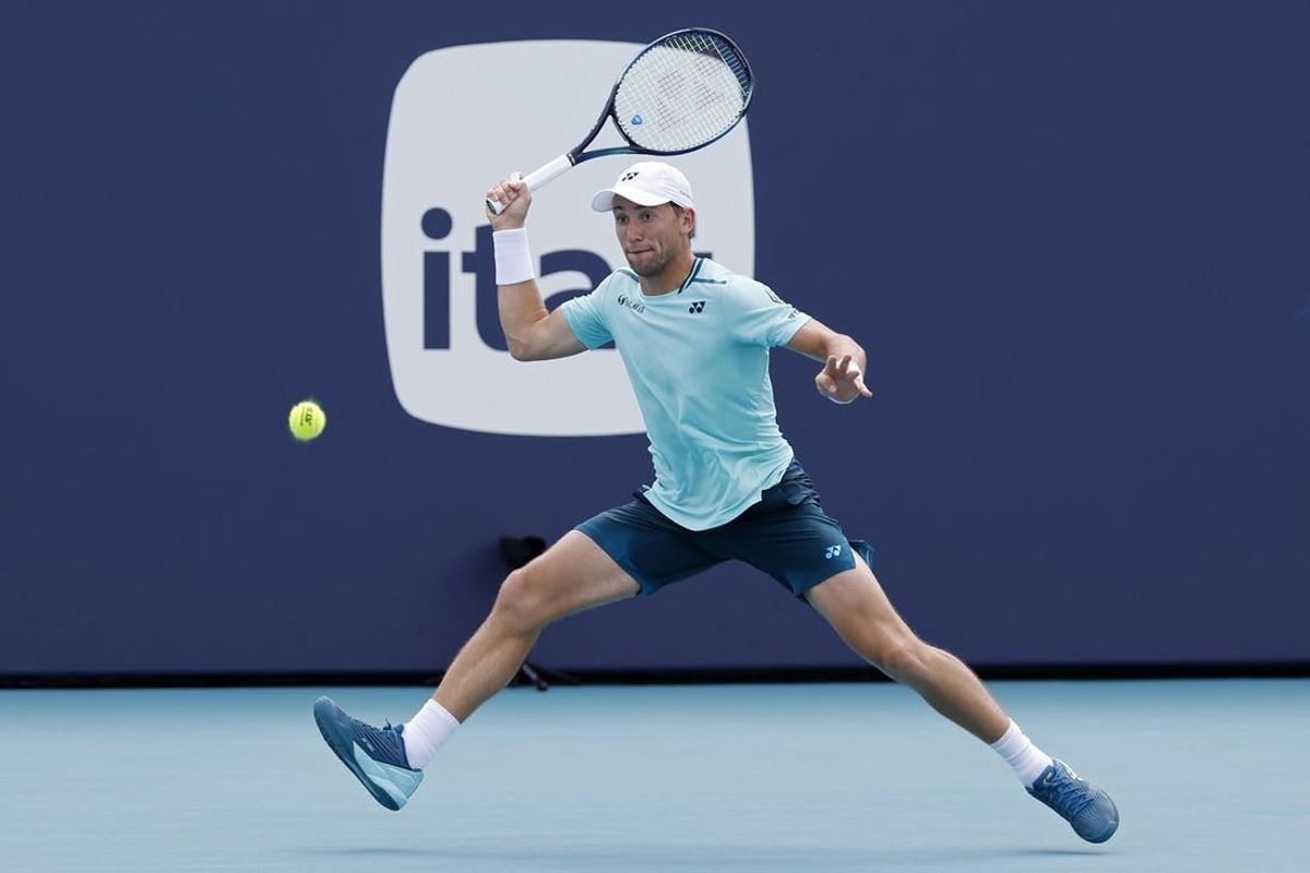 Mar 26, 2024; Miami Gardens, FL, USA; Casper Ruud (NOR) reaches for a forehand against Nicolas Jarry (CHI) (not pictured) on day nine of the Miami Open at Hard Rock Stadium.