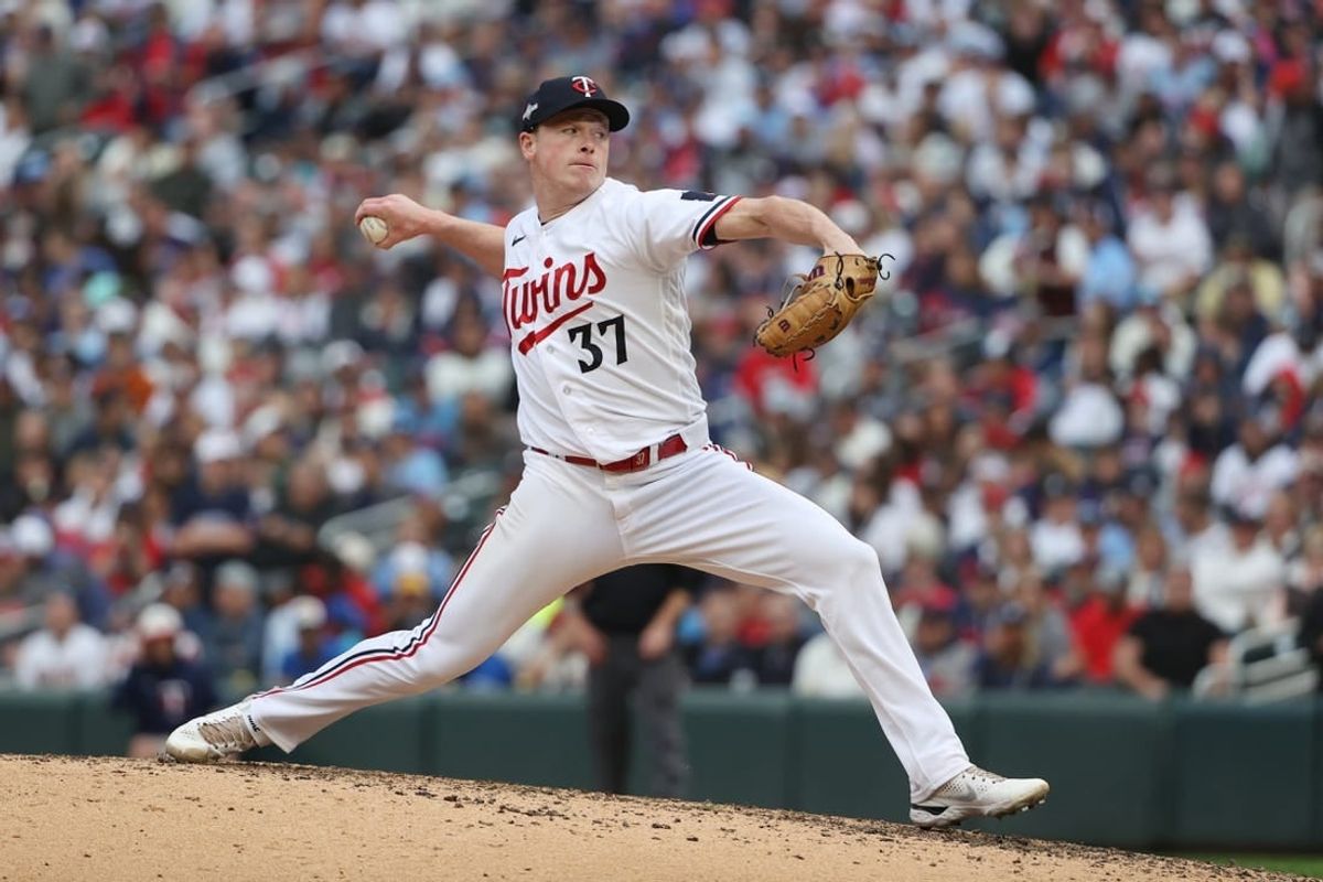 Oct 4, 2023; Minneapolis, Minnesota, USA; Minnesota Twins relief pitcher Louie Varland (37) pitches in the sixth inning against the Toronto Blue Jays during game two of the Wildcard series for the 2023 MLB playoffs at Target Field.