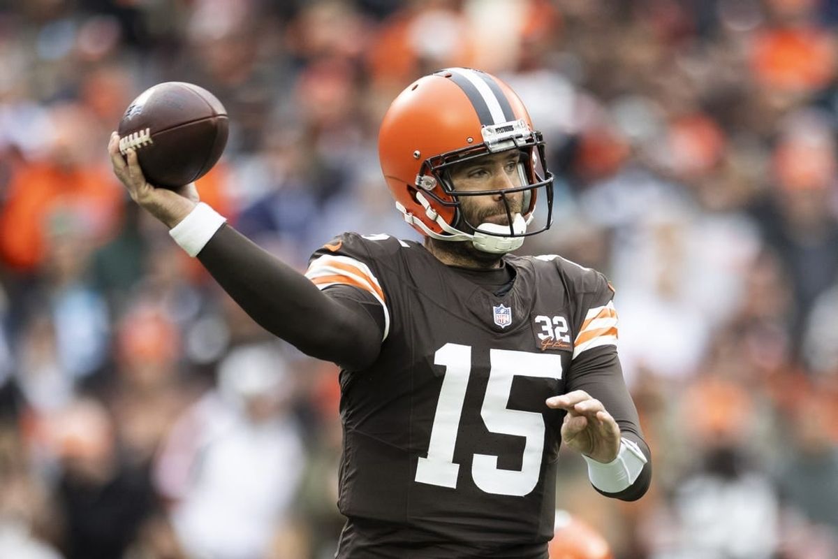 Dec 10, 2023; Cleveland, Ohio, USA; Cleveland Browns quarterback Joe Flacco (15) throws the ball during the first quarter against the Jacksonville Jaguars at Cleveland Browns Stadium.