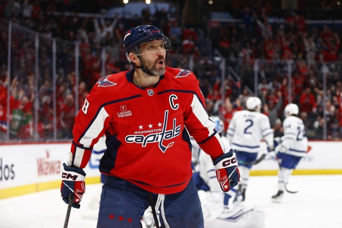 Mar 20, 2024; Washington, District of Columbia, USA; Washington Capitals left wing Alex Ovechkin (8) celebrates after scoring a goal against the Toronto Maple Leafs during the third period at Capital One Arena.