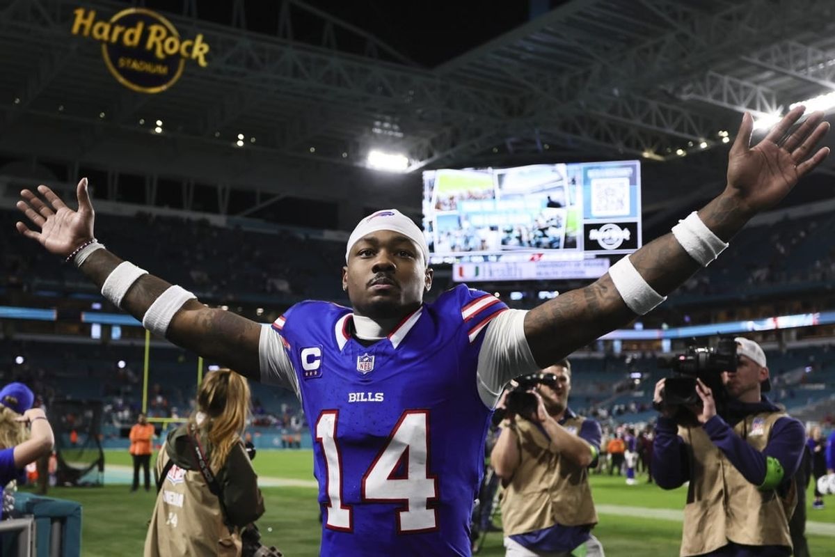Jan 7, 2024; Miami Gardens, Florida, USA; Buffalo Bills wide receiver Stefon Diggs (14) reacts after the game against the Miami Dolphins at Hard Rock Stadium.