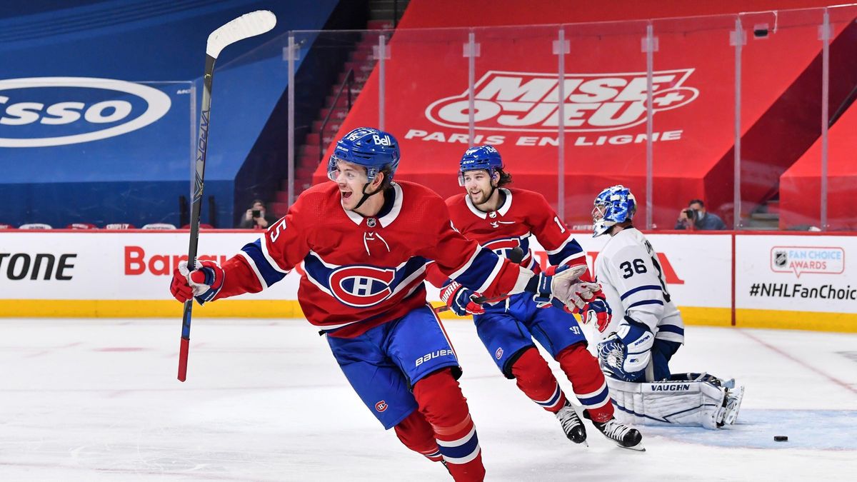 Jesperi Kotkaniemi of the Canadiens celebrates his goal during overtime against the Maple Leafs in Game Six of the First Round of the 2021 Stanley Cup Playoffs.