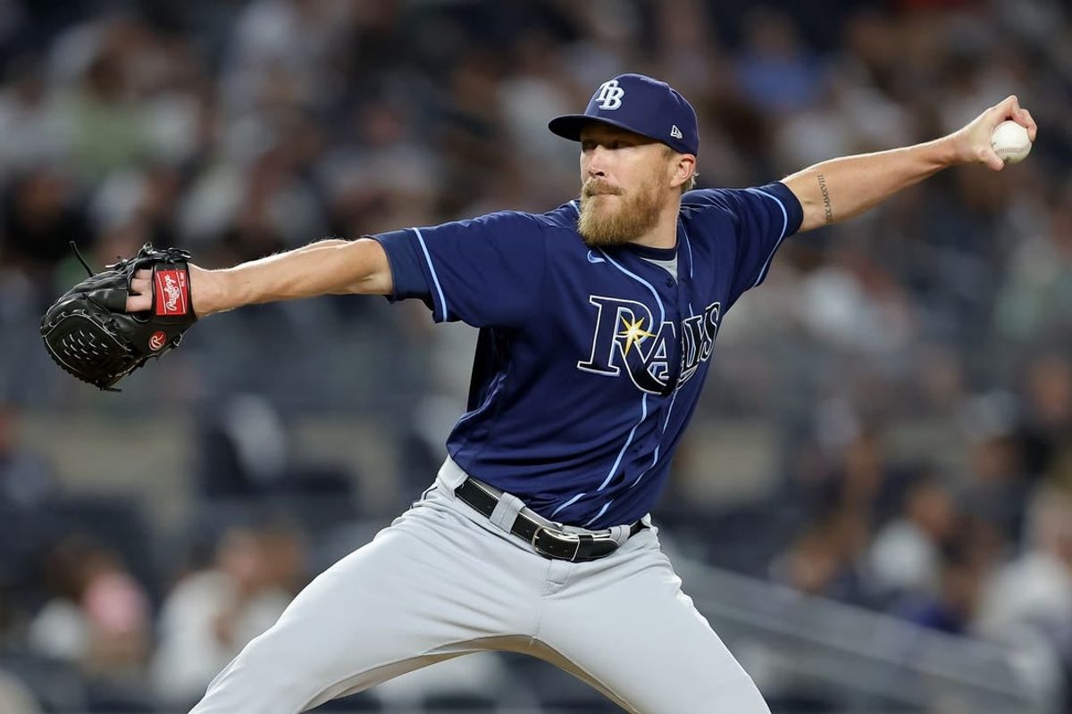 Aug 2, 2023; Bronx, New York, USA; Tampa Bay Rays relief pitcher Jake Diekman (30) pitches against the New York Yankees during the eighth inning at Yankee Stadium.