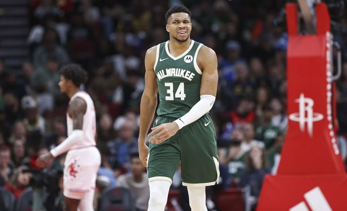 Jan 6, 2024; Houston, Texas, USA; Milwaukee Bucks forward Giannis Antetokounmpo (34) reacts after a play during the third quarter against the Houston Rockets at Toyota Center.