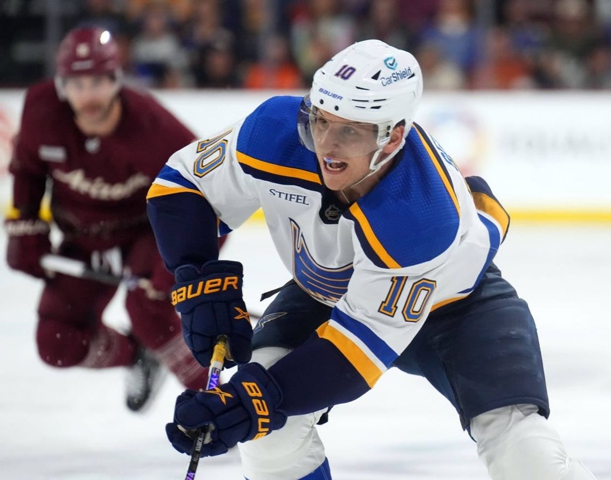 Nov 22, 2023; Tempe, Arizona, USA; St. Louis Blues center Brayden Schenn (10) skates against the Arizona Coyotes during the second period at Mullett Arena.