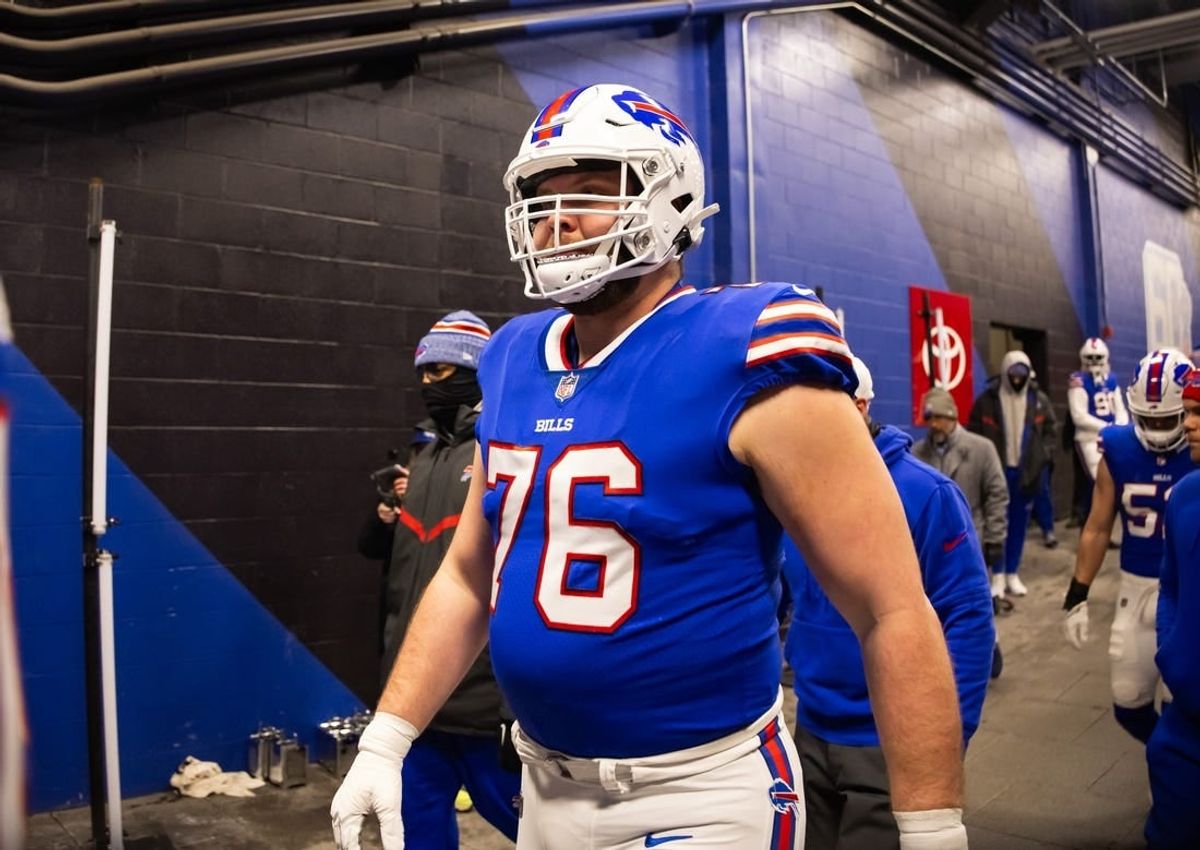 Jan 21, 2024; Orchard Park, New York, USA; Buffalo Bills guard David Edwards (76) against the Kansas City Chiefs in the 2024 AFC divisional round game at Highmark Stadium.