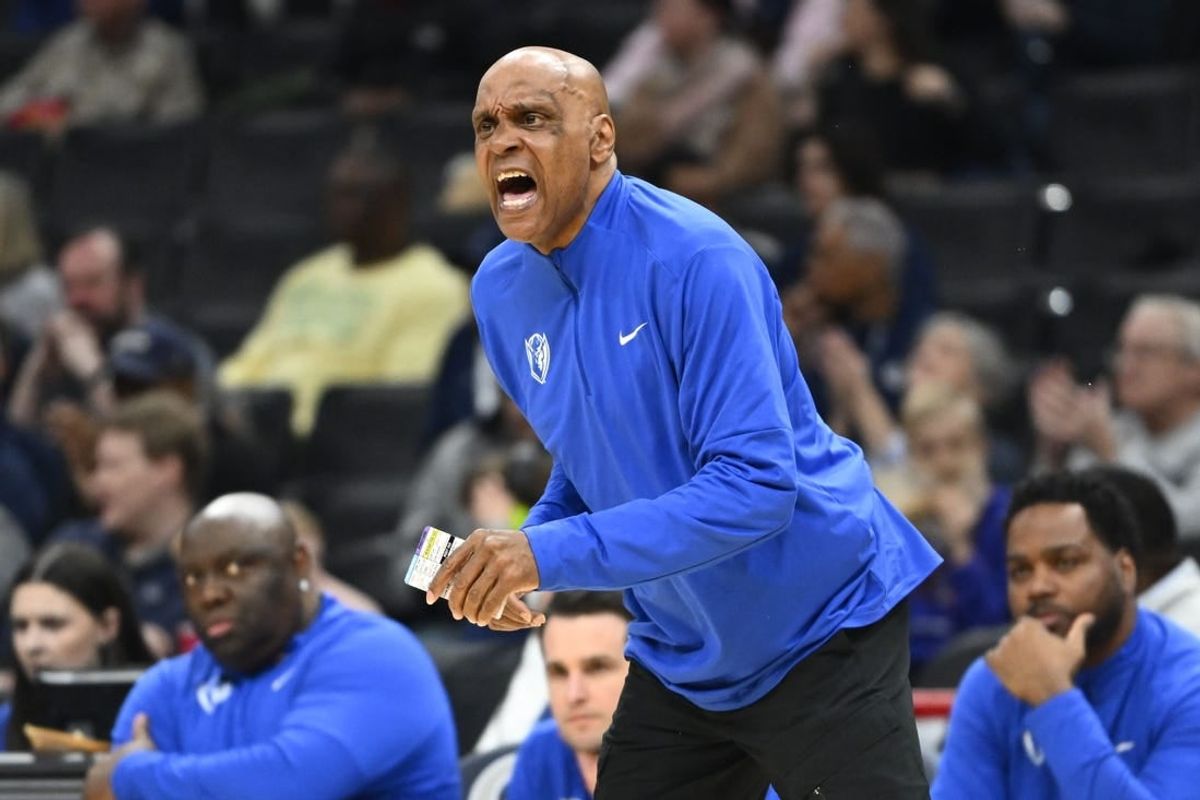 Jan 6, 2024; Washington, District of Columbia, USA; DePaul Blue Demons head coach Tony Stubblefield reacts against the Georgetown Hoyas during the first half at Capital One Arena.