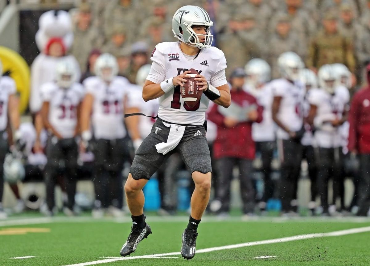 Oct 14, 2023; West Point, New York, USA; Troy Trojans quarterback Gunnar Watson (18) looks to pass against the Army Black Knights during the first half at Michie Stadium.