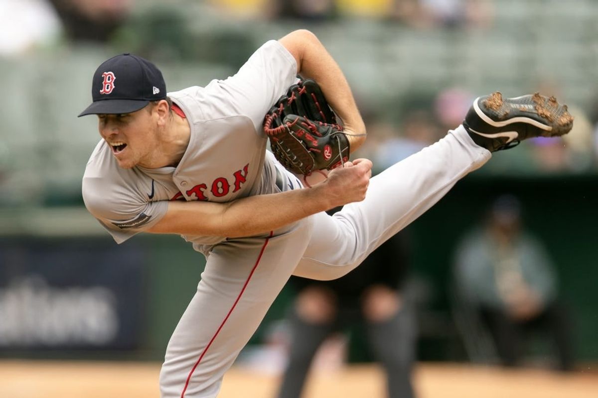 Apr 3, 2024; Oakland, California, USA; Boston Red Sox starting pitcher Nick Pivetta (37) delivers a pitch against the Oakland Athletics during the second inning at Oakland-Alameda County Coliseum.