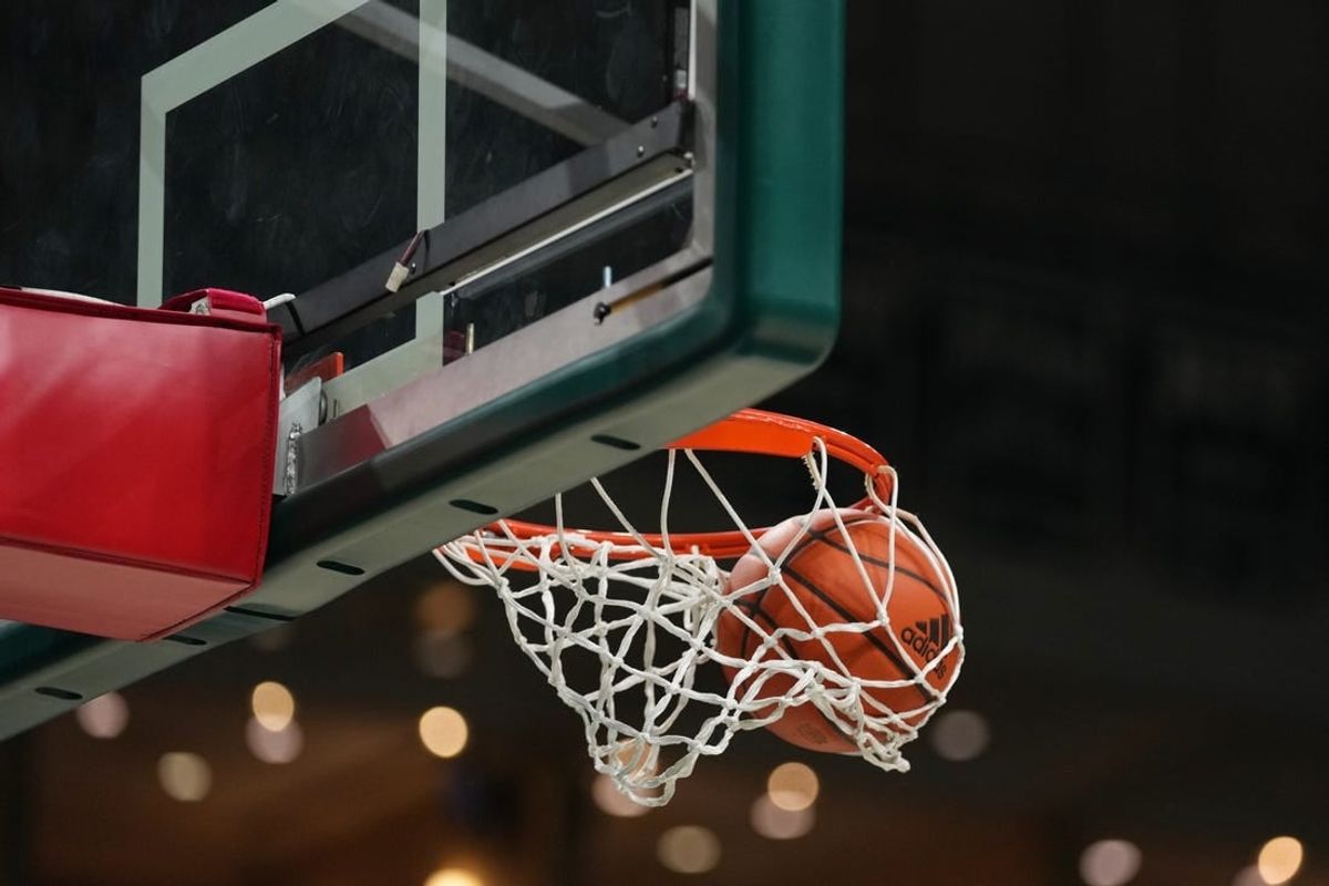 Dec 20, 2021; Coral Gables, Florida, USA; A general view as a basketball goes through the hoop as the Stetson Hatters warm up prior to the game against the Miami Hurricanes at Watsco Center.