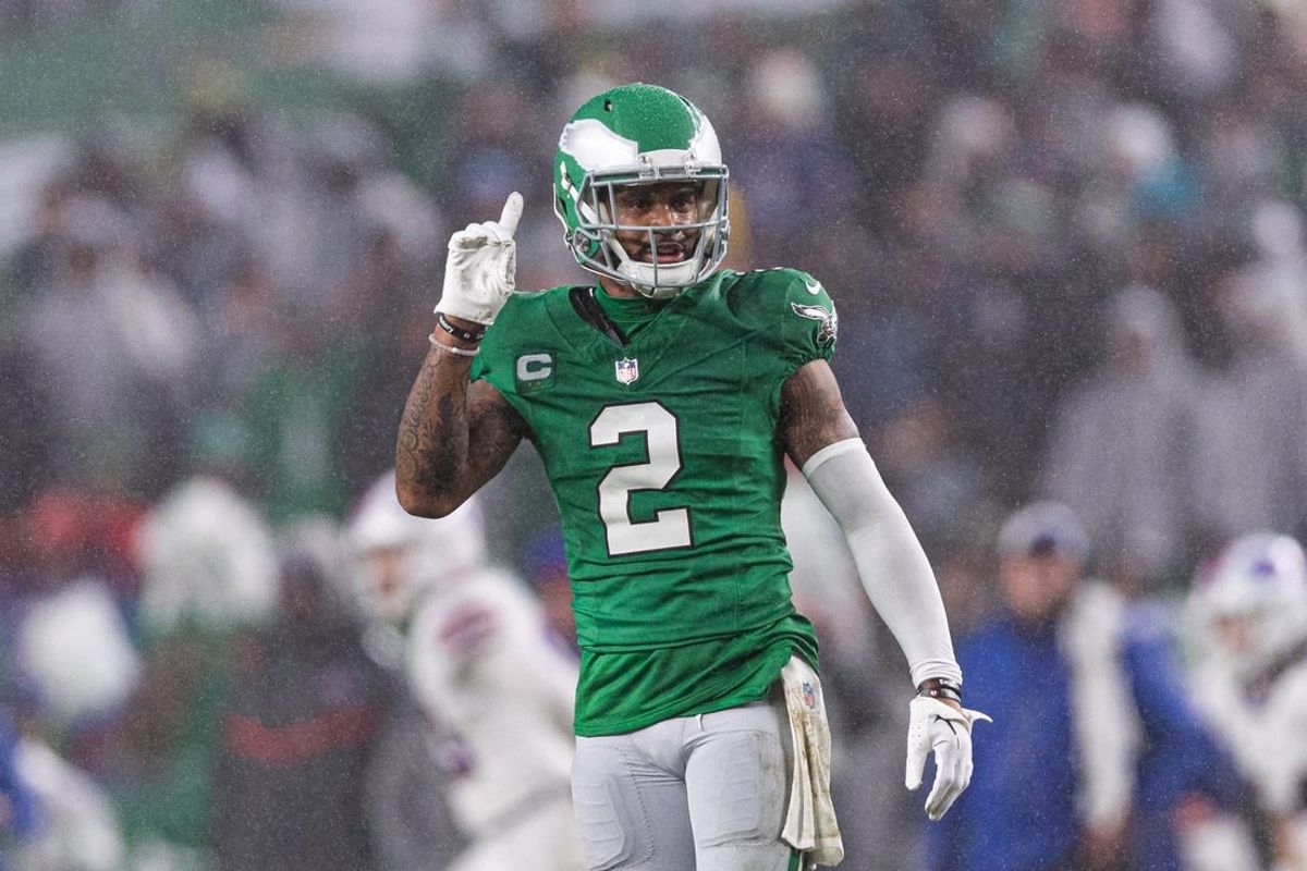 Nov 26, 2023; Philadelphia, Pennsylvania, USA; Philadelphia Eagles cornerback Darius Slay (2) reacts after breaking up a pass play against the Buffalo Bills during the second quarter at Lincoln Financial Field.