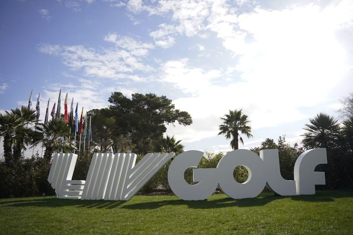 Feb 9, 2024; Las Vegas, Nevada, USA; A LIV Golf sign is observed prior to the second round of the LIV Golf Las Vegas tournament at Las Vegas Country Club.