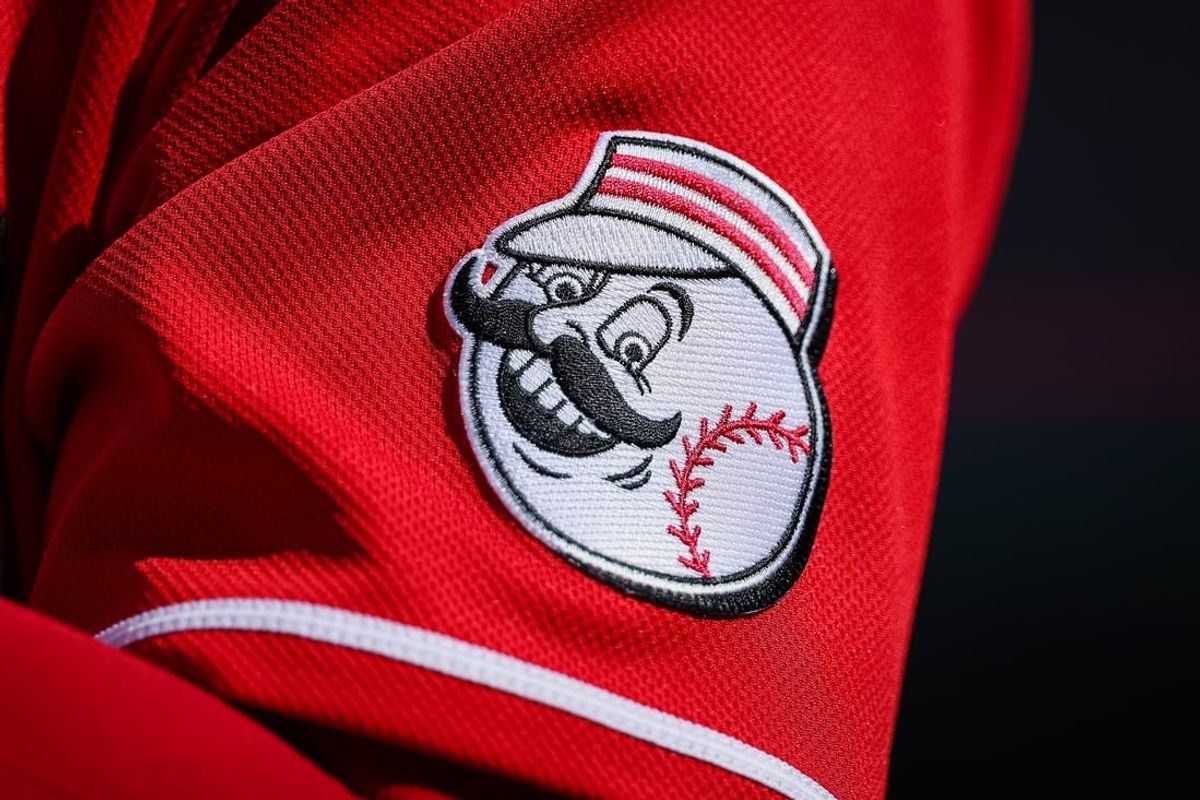 Aug 28, 2022; Washington, District of Columbia, USA; A detailed view of the Cincinnati Reds jersey logo during the ninth inning of the game between the Washington Nationals and the Cincinnati Reds at Nationals Park.