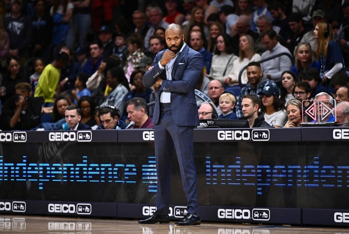 Nov 10, 2023; Villanova, Pennsylvania, USA; Villanova Wildcats head coach Kyle Neptune looks on against the Le Moyne Dolphins in the second half at William B. Finneran Pavilion.